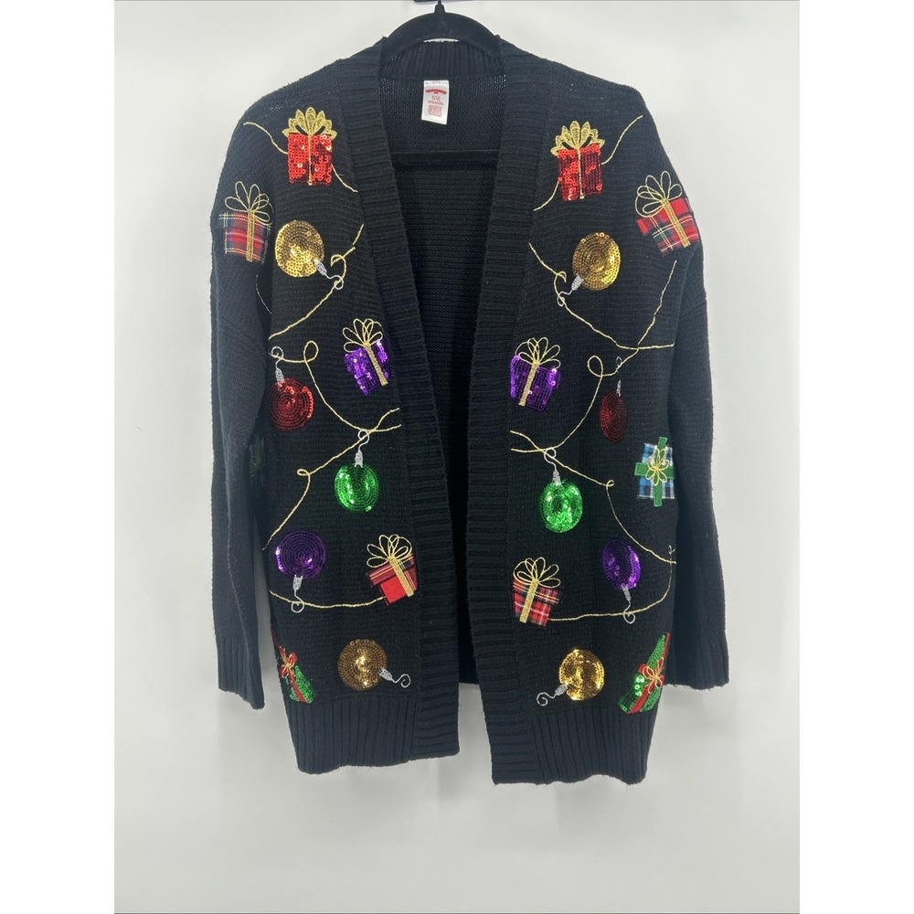 Holiday Time Christmas Cardigan Sweater Womens Small Black Sequin Ugly Retro Y2K